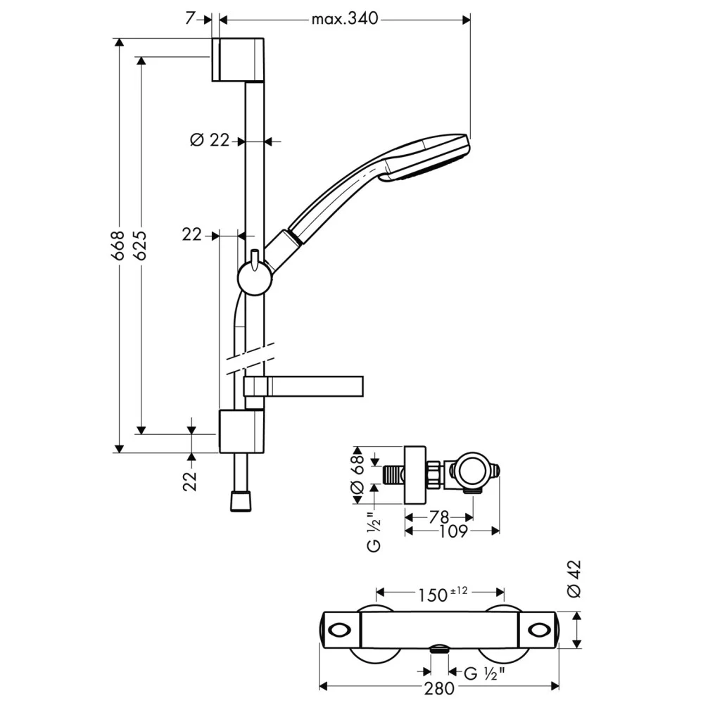 Hansgrohe Croma 100 Multi/Ecostat 1001 SL Combi Baterie dus cu bara 65 cm