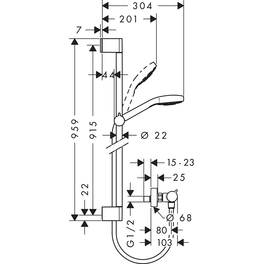 Hansgrohe Croma Select E Vario Baterie dus cu bara 90 cm cu termostat, alb/crom