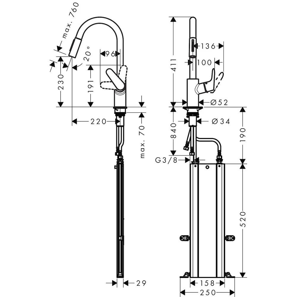 Hansgrohe Focus M41 Baterie chiuveta bucatarie monocomanda cu dus extractibil, aspect inox