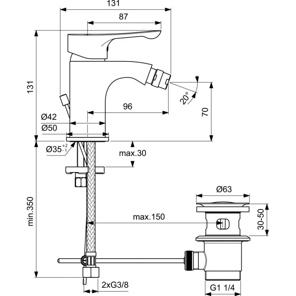 Ideal Standard Alpha Baterie bideu monocomanda, ventil pop-up metalic