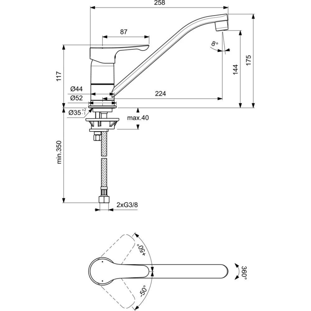 Ideal Standard Alpha Baterie chiuveta bucatarie monocomanda, racorduri 2xG3/8'
