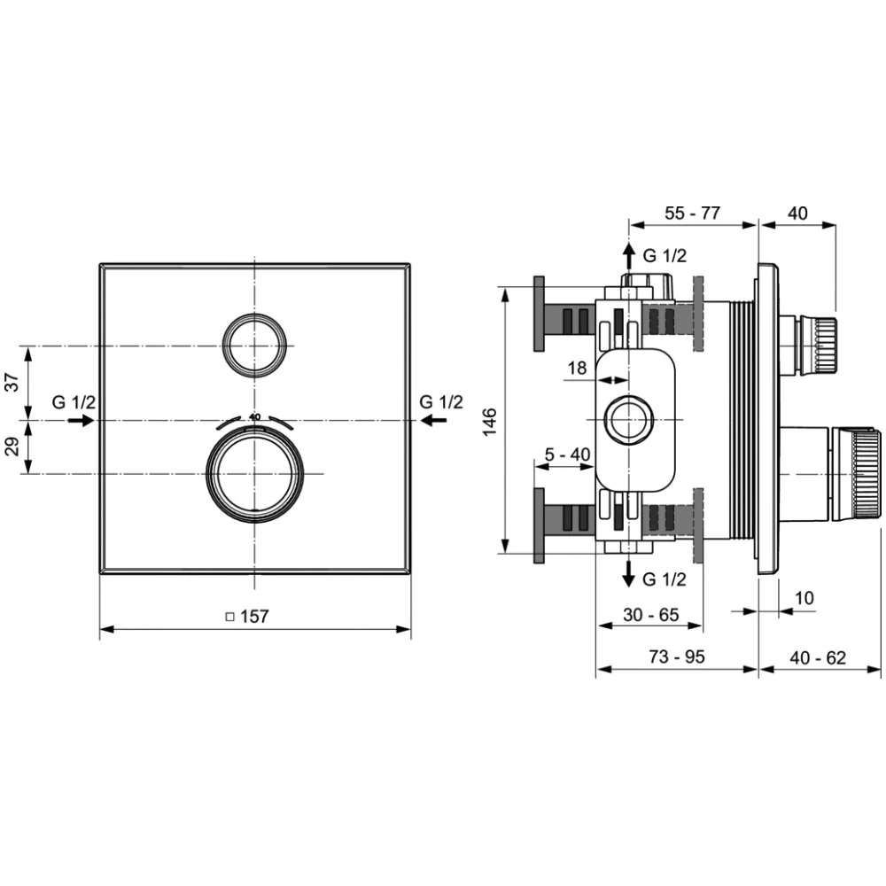 Ideal Standard CeraTherm Navigo Baterie dus cu termostat si 1 iesire 16x16 cm, crom