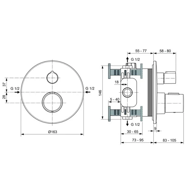 Ideal Standard CeraTherm T100 Baterie dus cu termostat, montaj incastrat, gri inchis (magnetic grey PVD)