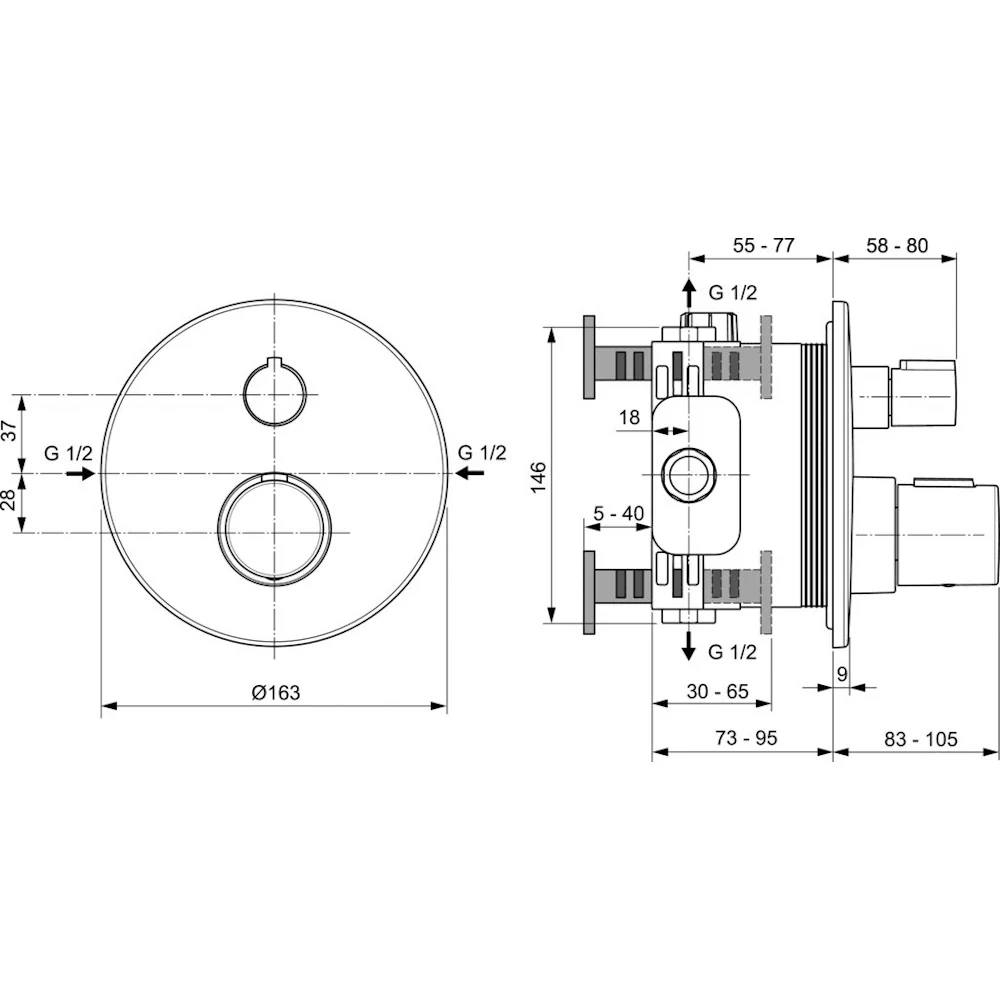 Ideal Standard CeraTherm T100 Baterie dus cu termostat, montaj incastrat, negru mat (silk black)