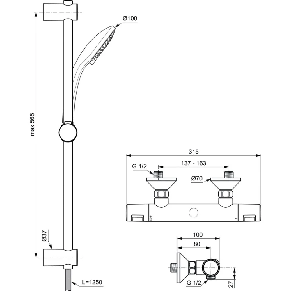 Ideal Standard CeraTherm T25 Baterie dus cu termostat si set de dus cu bara H60 cm