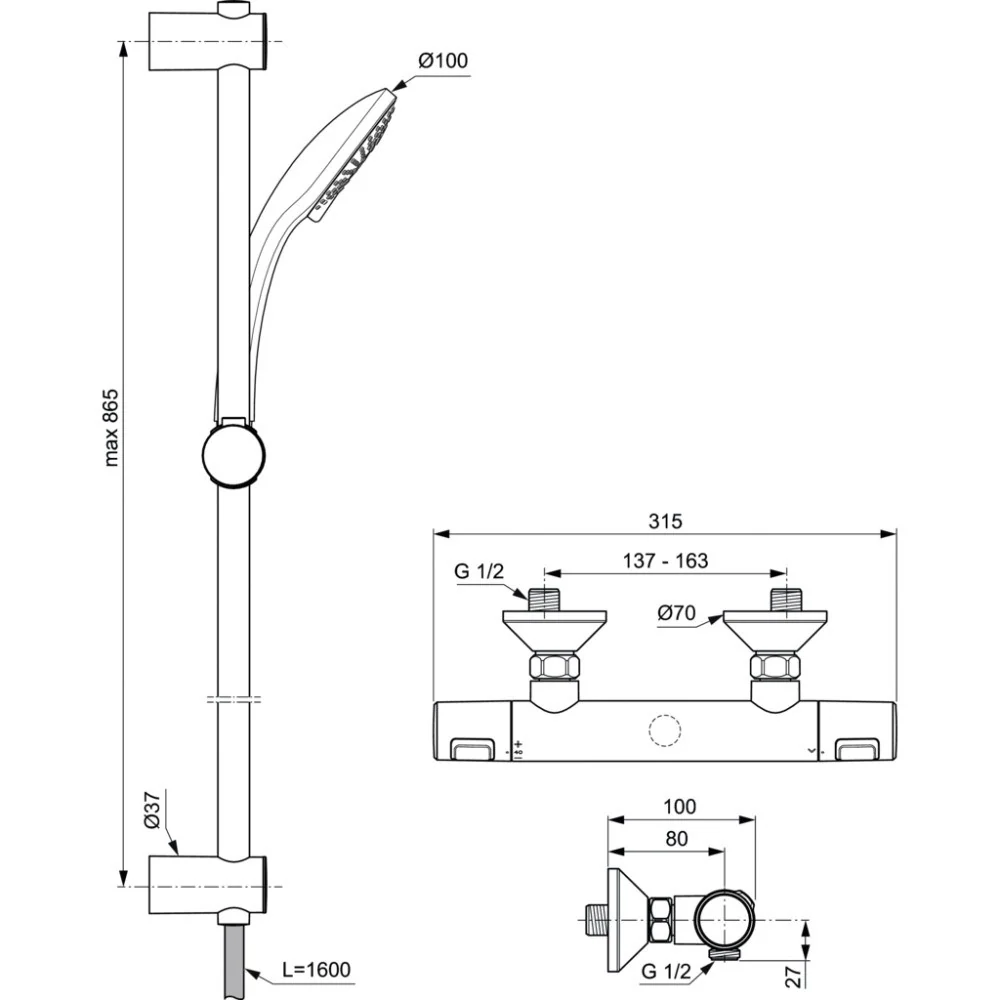 Ideal Standard CeraTherm T25 Baterie dus cu termostat si set dus cu bara H90 cm
