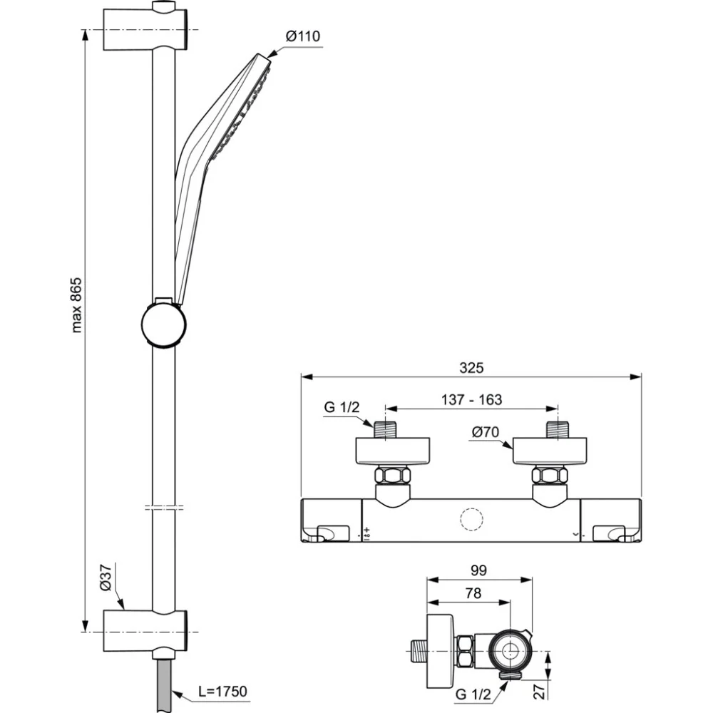 Ideal Standard CeraTherm T50 Baterie dus cu termostat si set dus cu bara H90 cm