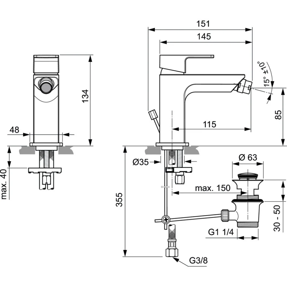 Ideal Standard Edge Baterie bideu monocomanda, ventil metalic