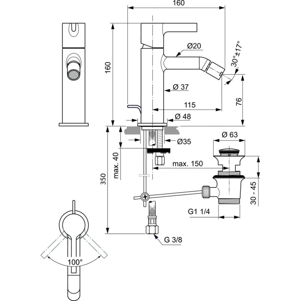 Ideal Standard Joy Baterie bideu monocomanda cu ventil metalic, crom mat