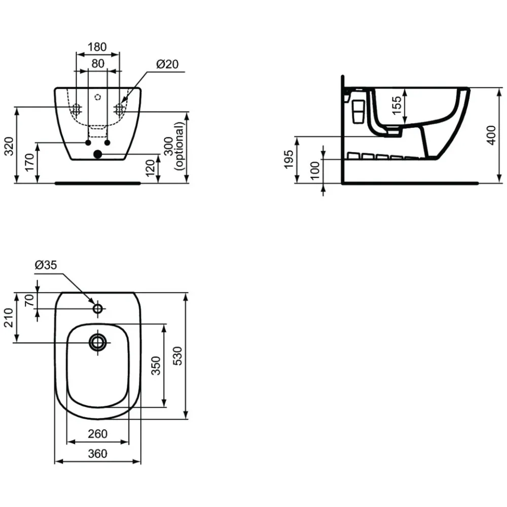 Ideal Standard Tesi Bideu suspendat, 36x53 cm, negru mat