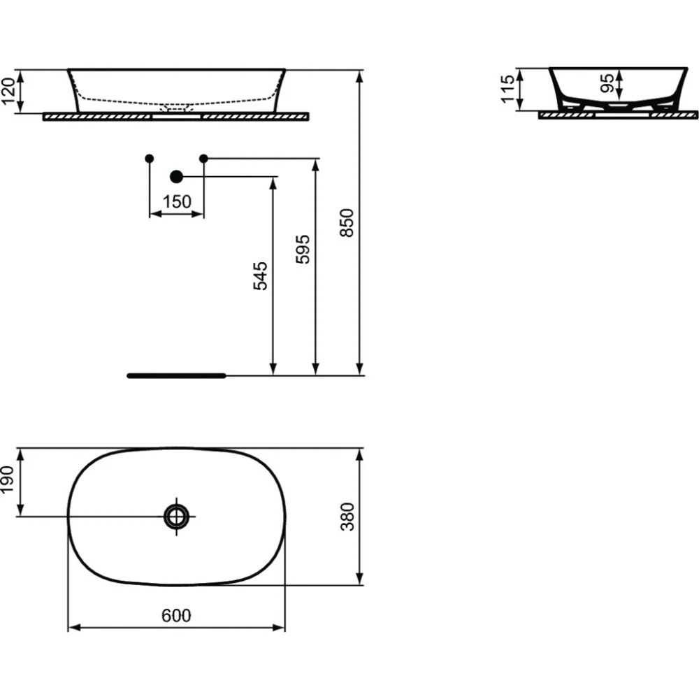 Lavoar baie pe blat, alb mat, oval Ideal Standard Ipalyss 60x38 cm, fara preaplin si fara gaura