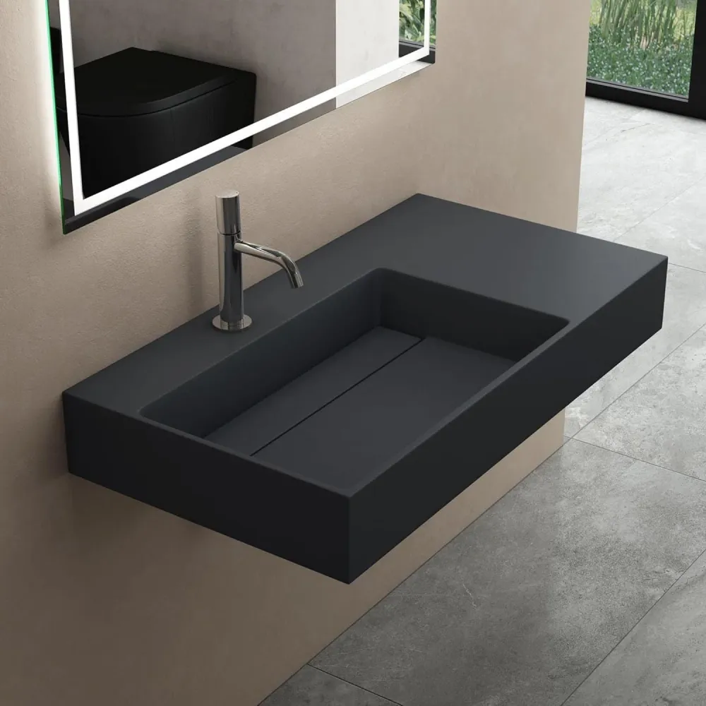 Lavoar baie pe blat dreptunghiular 75 cm conglomerat gri mat – Rea Archi