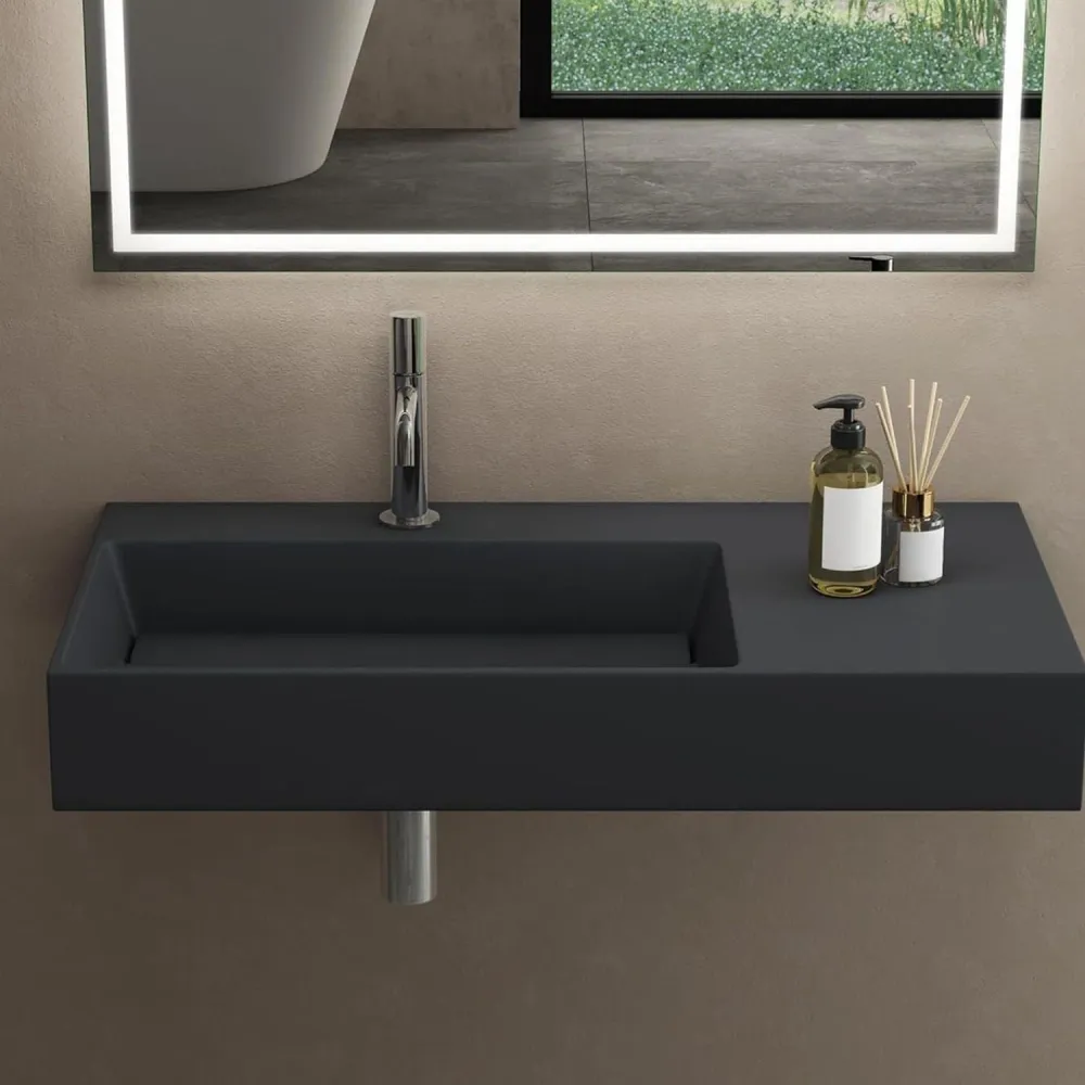 Lavoar baie pe blat dreptunghiular 75 cm conglomerat gri mat – Rea Archi