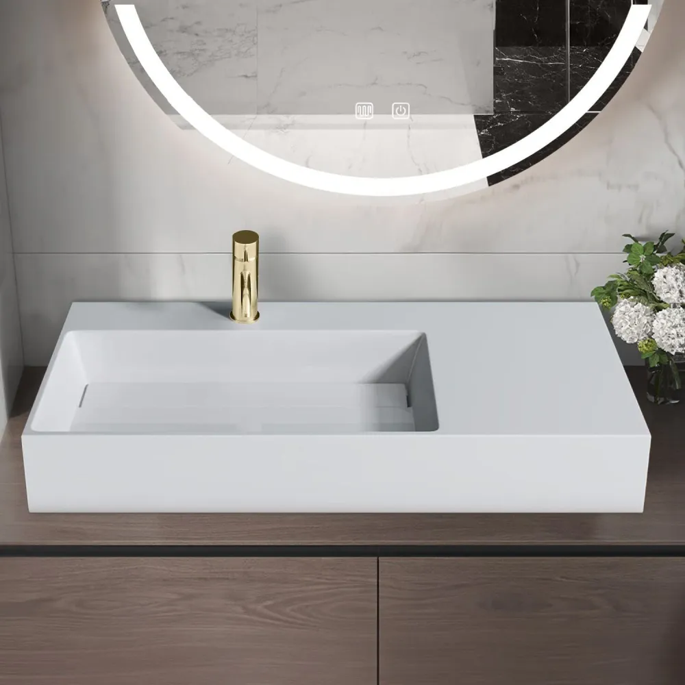 Lavoar baie pe blat dreptunghiular 90 cm conglomerat alb lucios – Rea Archi