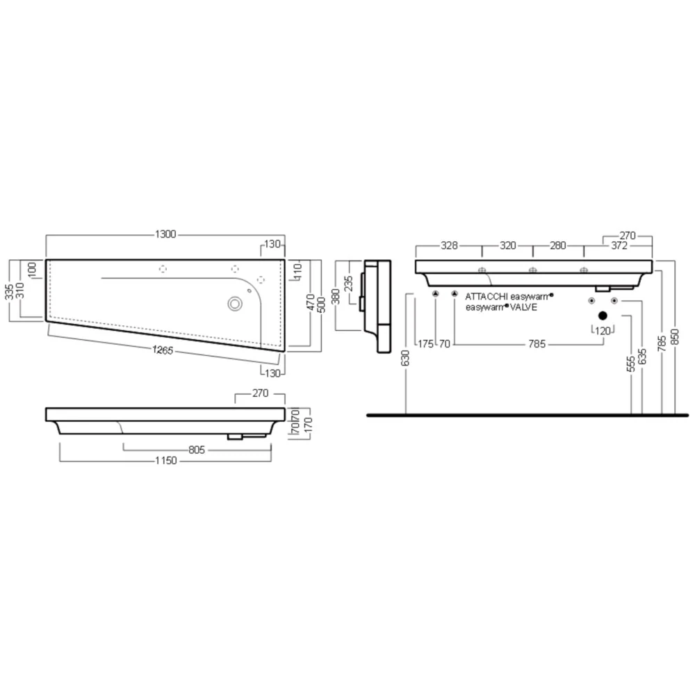 Lavoar baie pe blat Hatria Grandangolo 130x50 cm, stanga