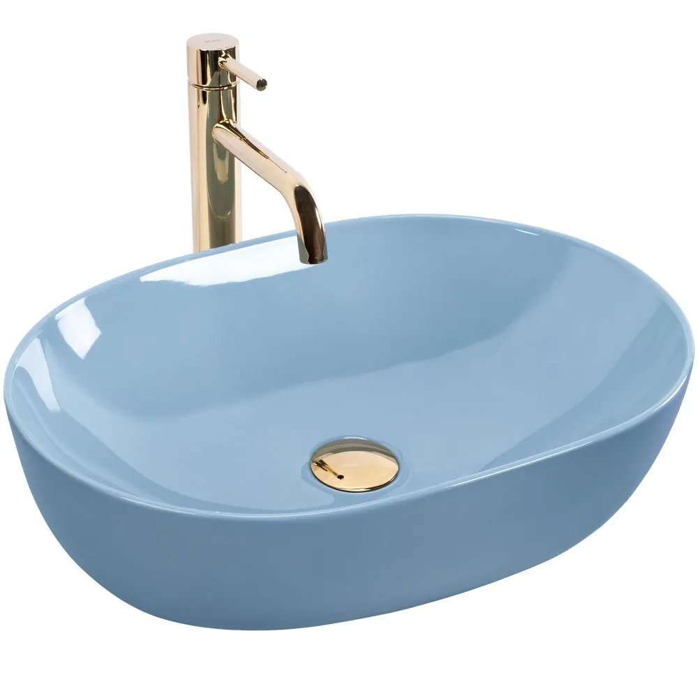 Lavoar baie pe blat oval 49 cm ceramic albastru lucios – Rea Lisa L. Blue Shiny