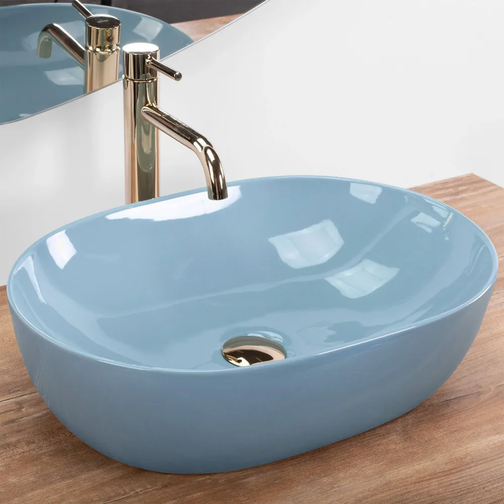 Lavoar baie pe blat oval 49 cm ceramic albastru lucios – Rea Lisa L. Blue Shiny