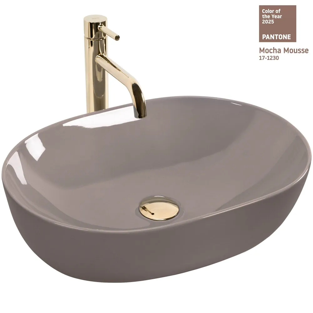 Lavoar baie pe blat oval 49 cm ceramic bej lucios – Rea Lisa Beige Shiny