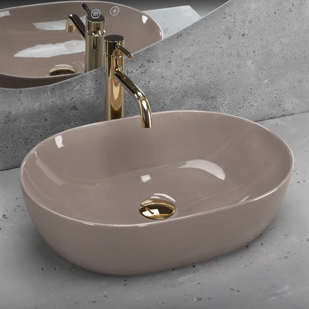 Lavoar baie pe blat oval 49 cm ceramic bej lucios – Rea Lisa Beige Shiny