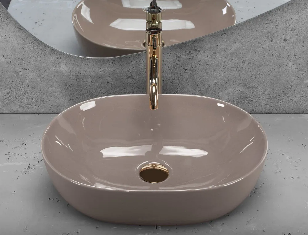 Lavoar baie pe blat oval 49 cm ceramic bej lucios – Rea Lisa Beige Shiny