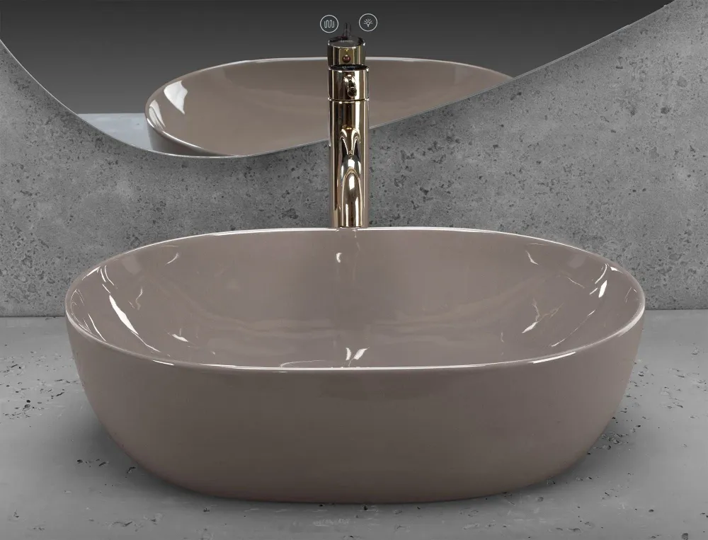 Lavoar baie pe blat oval 49 cm ceramic bej lucios – Rea Lisa Beige Shiny