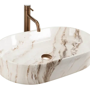 Lavoar baie pe blat oval 61 cm ceramic imitatie piatra maro lucios – Rea Nadia Marrone
