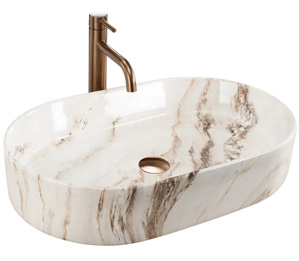 Lavoar baie pe blat oval 61 cm ceramic imitatie piatra maro lucios – Rea Nadia Marrone