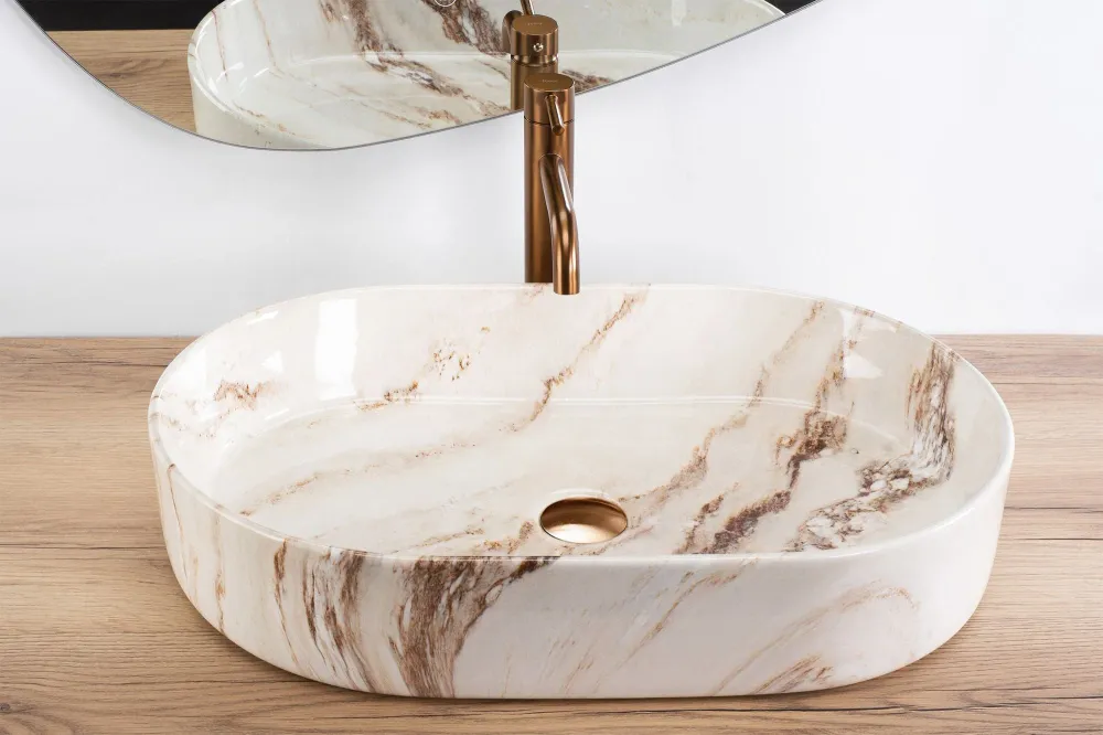 Lavoar baie pe blat oval 61 cm ceramic imitatie piatra maro lucios – Rea Nadia Marrone