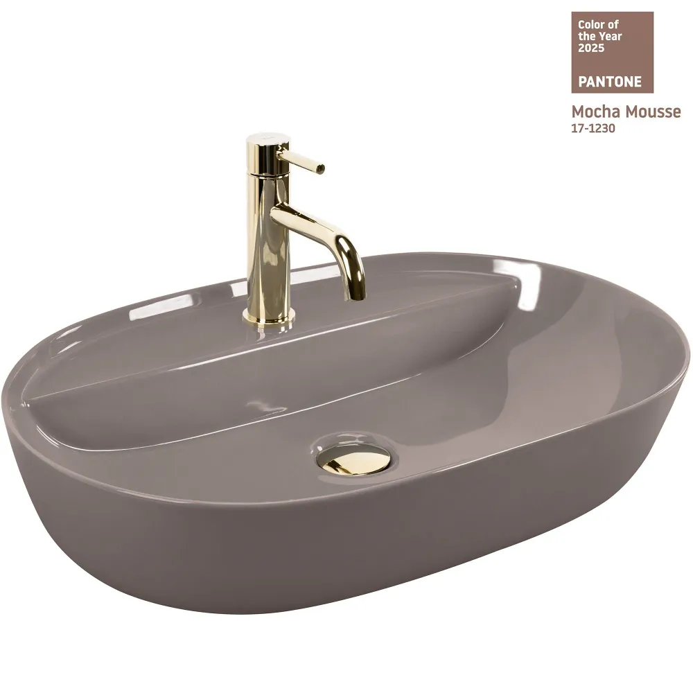 Lavoar baie pe blat oval 61 cm ceramic bej lucios – Rea Aura 61 Beige Shiny