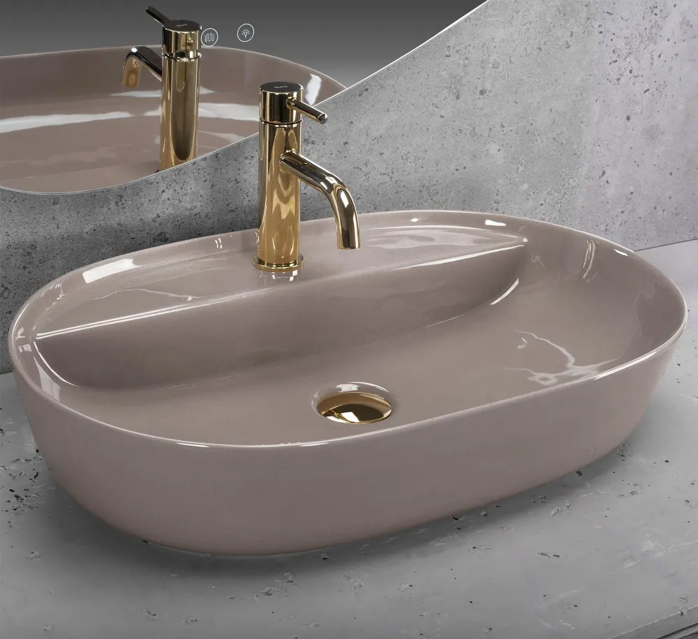 Lavoar baie pe blat oval 61 cm ceramic bej lucios – Rea Aura 61 Beige Shiny