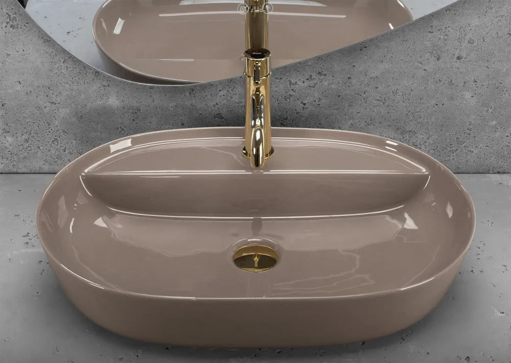 Lavoar baie pe blat oval 61 cm ceramic bej lucios – Rea Aura 61 Beige Shiny