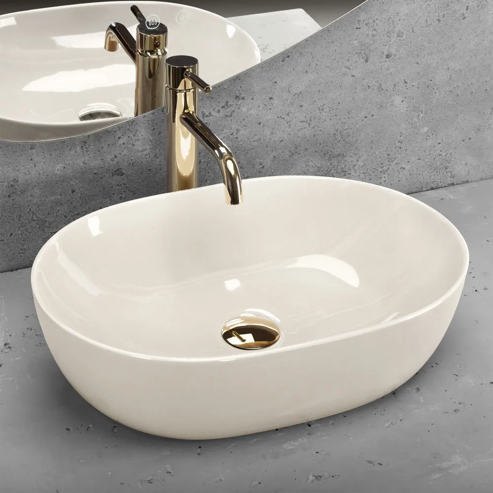 Lavoar baie pe blat oval 49 cm ceramică alb lucios – Rea Lisa Ecru Shiny
