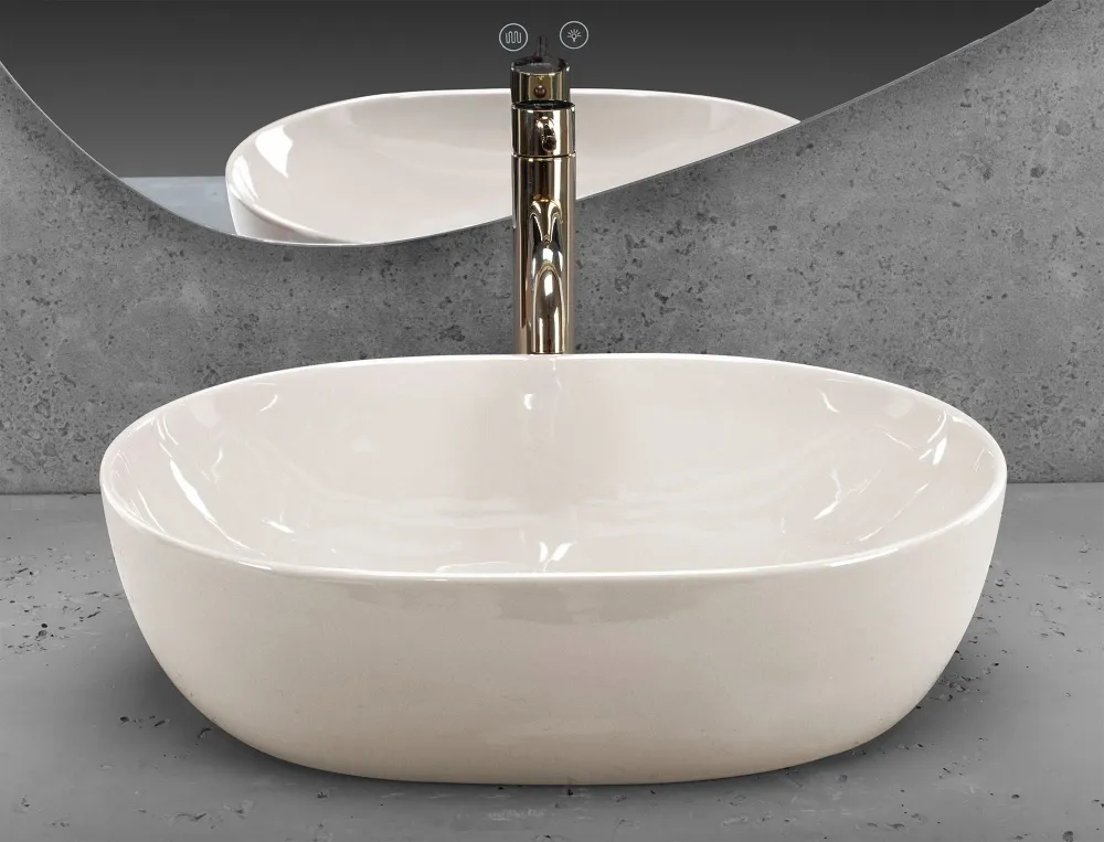 Lavoar baie pe blat oval 49 cm ceramică alb lucios – Rea Lisa Ecru Shiny