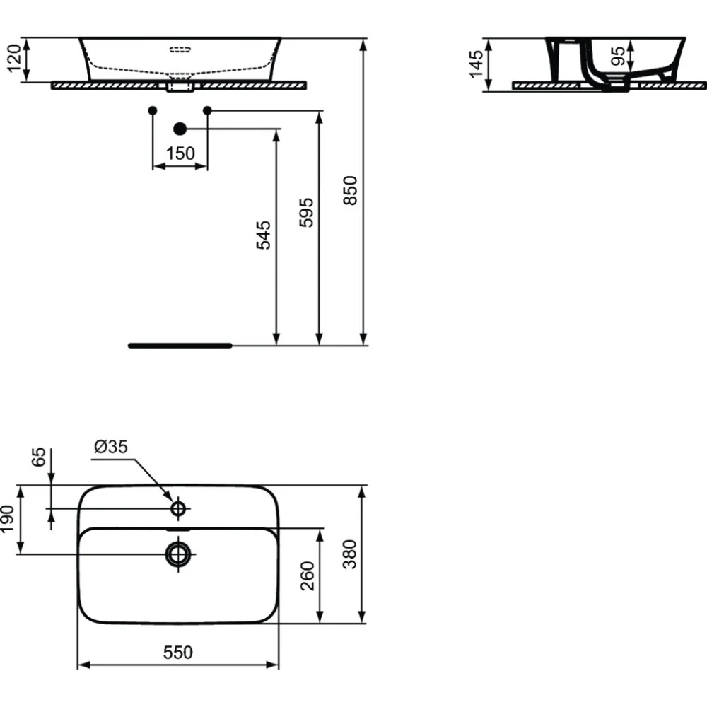 Lavoar baie pe blat, rosu Ideal Standard Ipalyss 55x38 cm, cu preaplin si gaura
