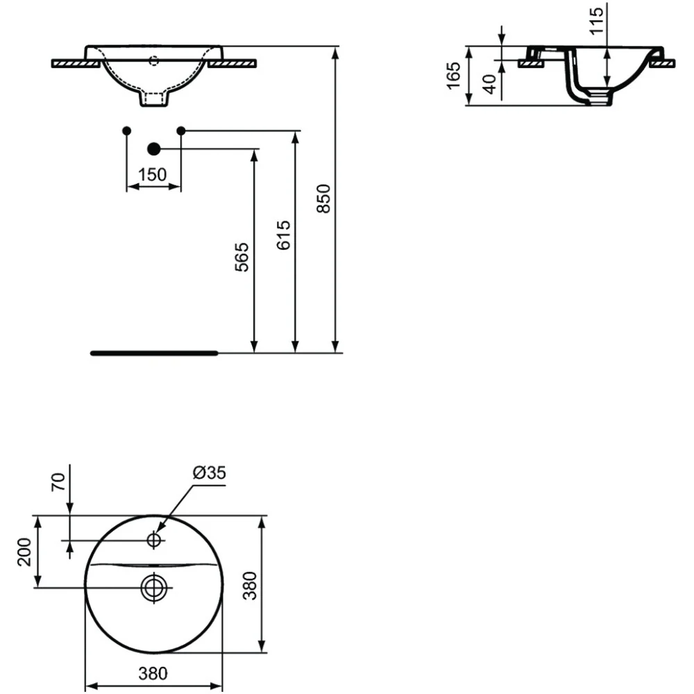 Lavoar baie incastrat, rotund Ideal Standard Connect 38x38 cm, cu preaplin si gaura