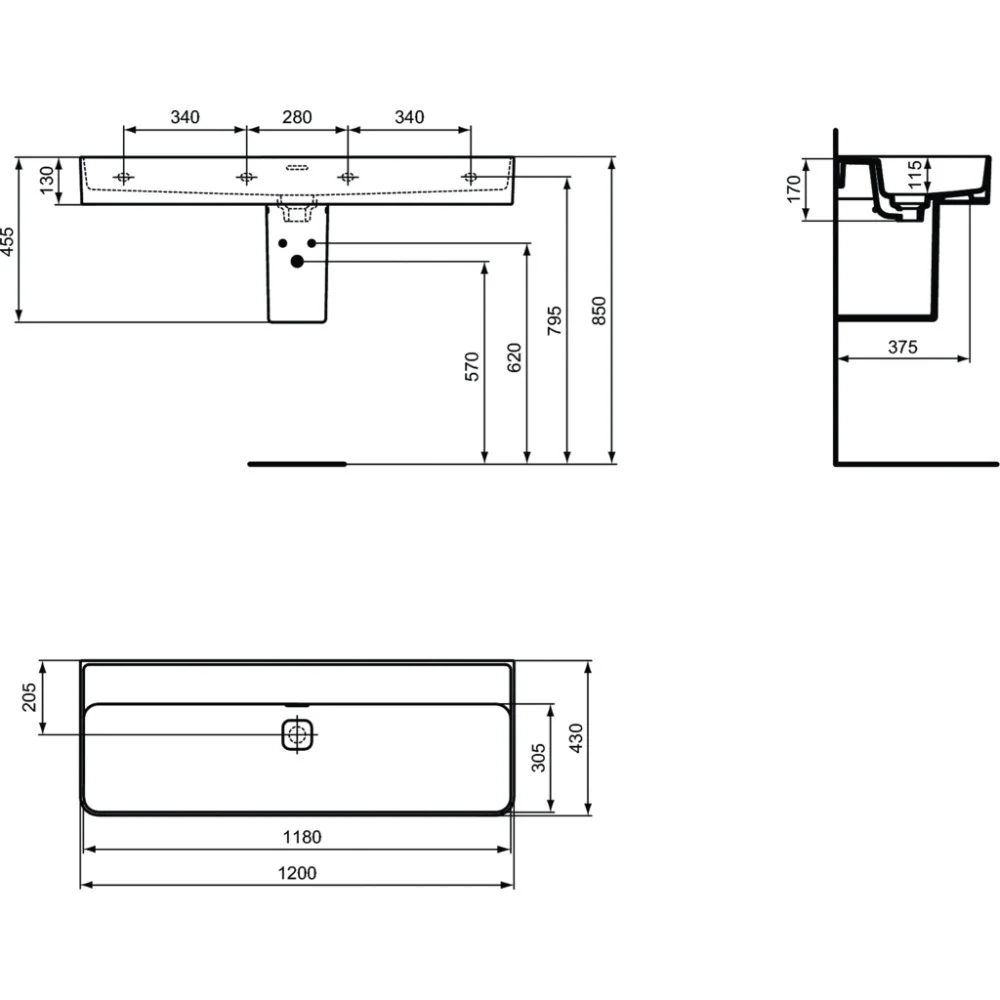 Lavoar baie suspendat Ideal Standard Strada II 120x43 cm, cu preaplin si fara gaura