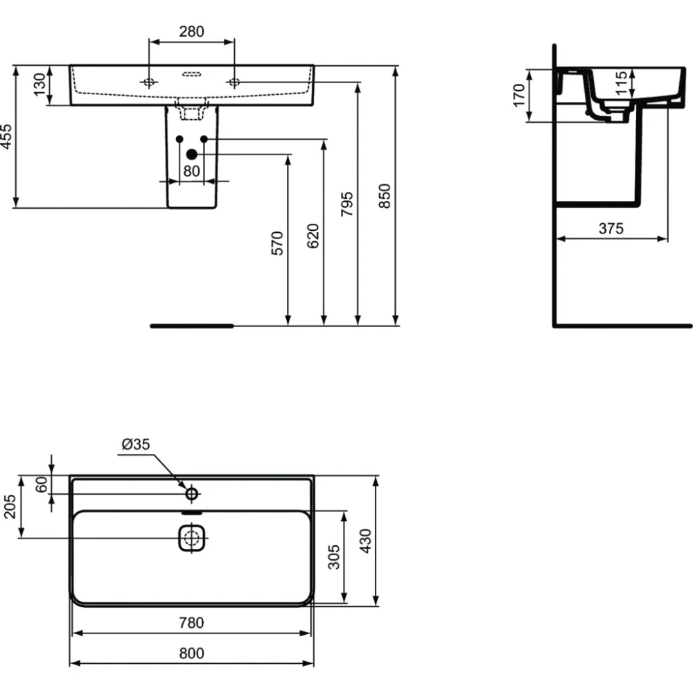 Lavoar baie suspendat Ideal Standard Strada II 80x43 cm, cu preaplin si gaura