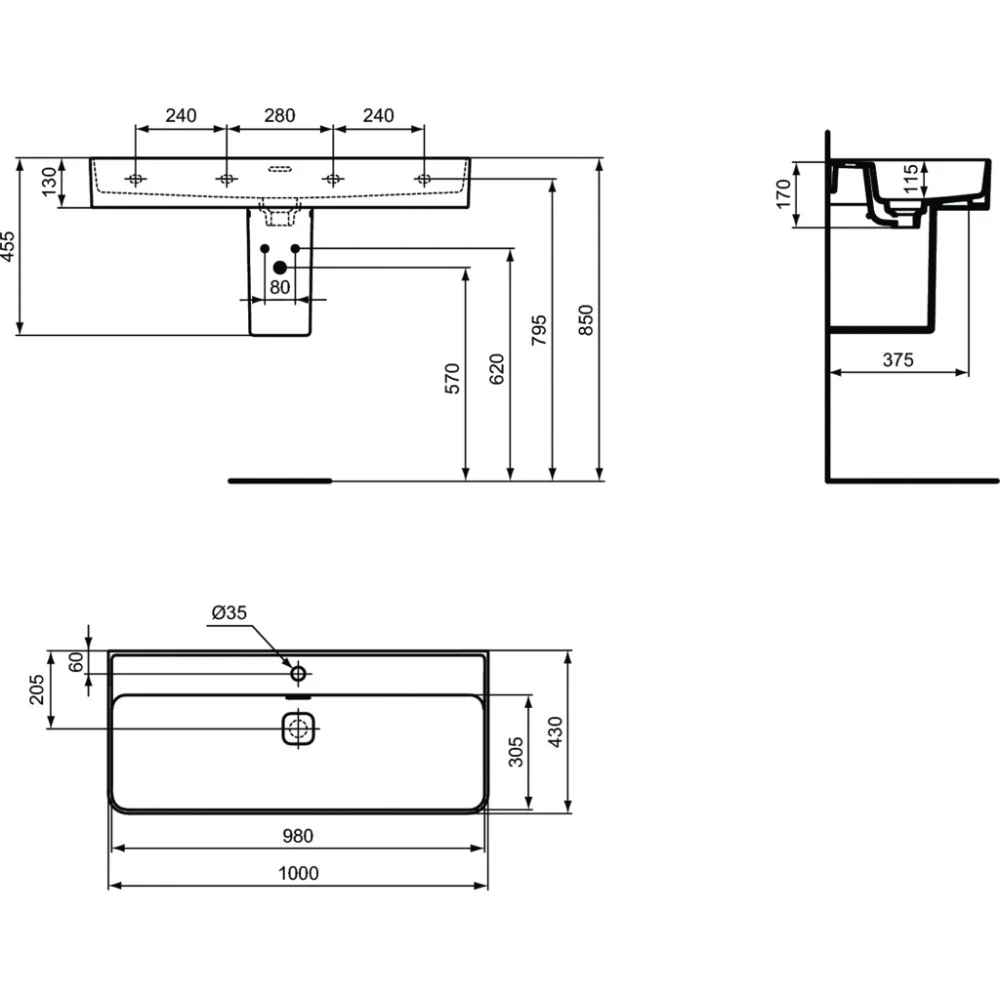 Lavoar baie suspendat Ideal Standard Strada II 100x43 cm, cu preaplin si gaura