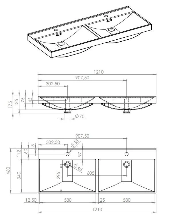 Lavoar dreptunghiular Arezzo dublu MAXXI, din porțelan, încorporabil, 120X46cm – alb