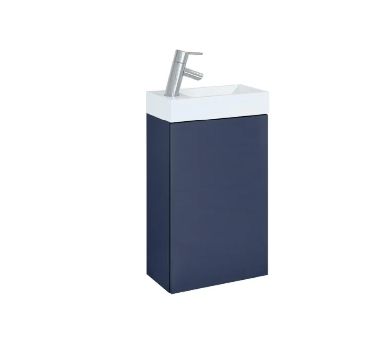 Lavoar dreptunghiular Arezzo MINI, din porțelan, cu mobilier albastru mat, 40×22,5cm – alb