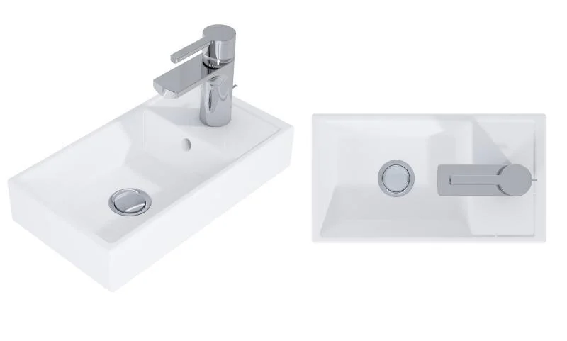 Lavoar dreptunghiular Arezzo MINI, din porțelan, cu mobilier albastru mat, 40×22,5cm – alb
