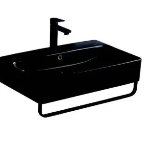 Lavoar dreptunghiular Arezzo PLANO, din porțelan, cu suport prosoape, cu scurgere neagră 60X42cm – negru