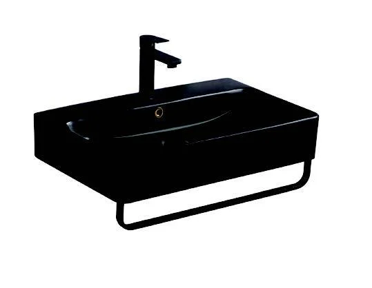 Lavoar dreptunghiular Arezzo PLANO, din porțelan, cu suport prosoape, cu scurgere neagră 60X42cm – negru