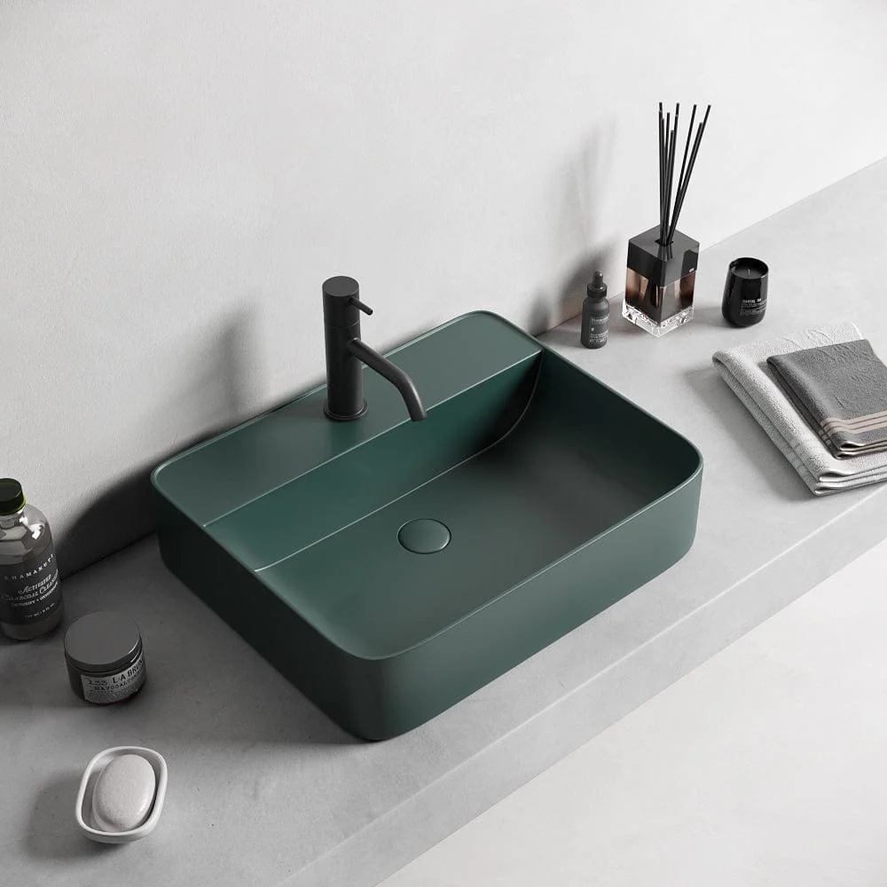 Lavoar Foglia dreptunghiular pe blat verde inchis mat, cu orificiu baterie si ventil inclus, 50x40 cm