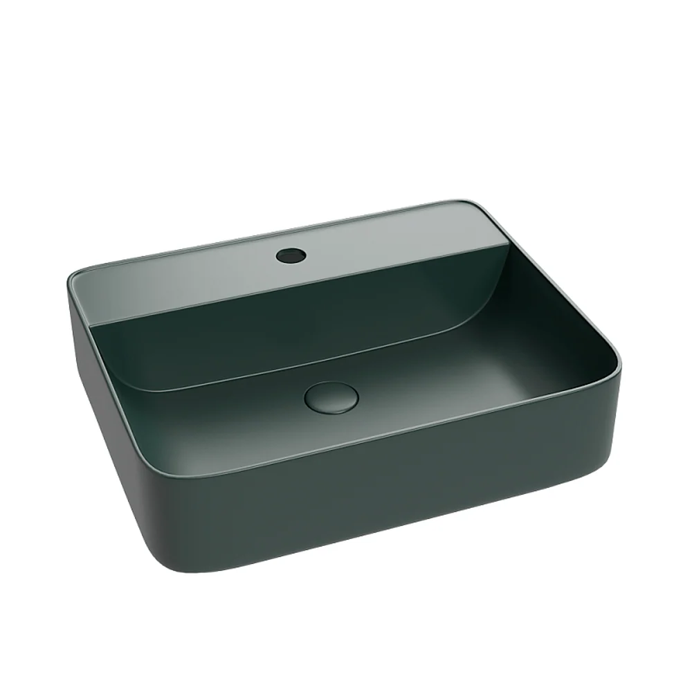 Lavoar Foglia dreptunghiular pe blat verde inchis mat, cu orificiu baterie si ventil inclus, 50x40 cm