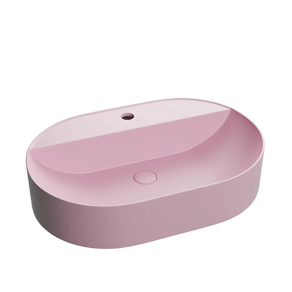 Lavoar Foglia oval pe blat roz mat, orificiu baterie, ventil inclus, 50x38 cm
