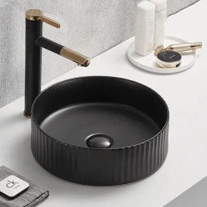 Lavoar Foglia rotund pe blat negru mat, ventil inclus, 36x36 cm