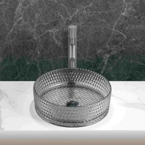 Lavoar rotund Arezzo GLAM, din sticlă, montaj pe blat, 39,5×39,5x12cm – gri deschis