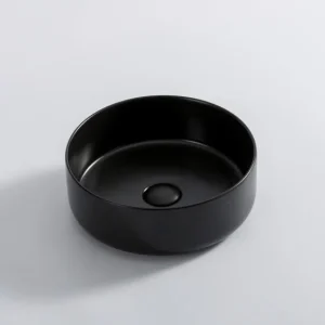 Lavoar rotund Arezzo NEW ORLEANS, din porțelan, montaj pe blat 36cm – negru, scurgere neagră