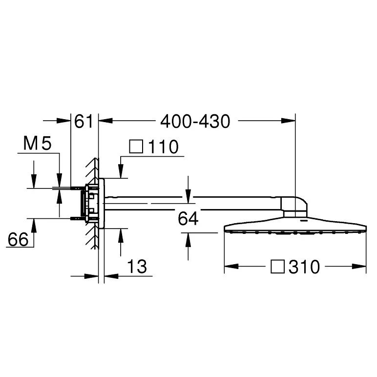 Palarie dus fix Grohe Rainshower 310 SmartActive, 31x31 cm cu brat, montaj pe perete, antracit (hard graphite)